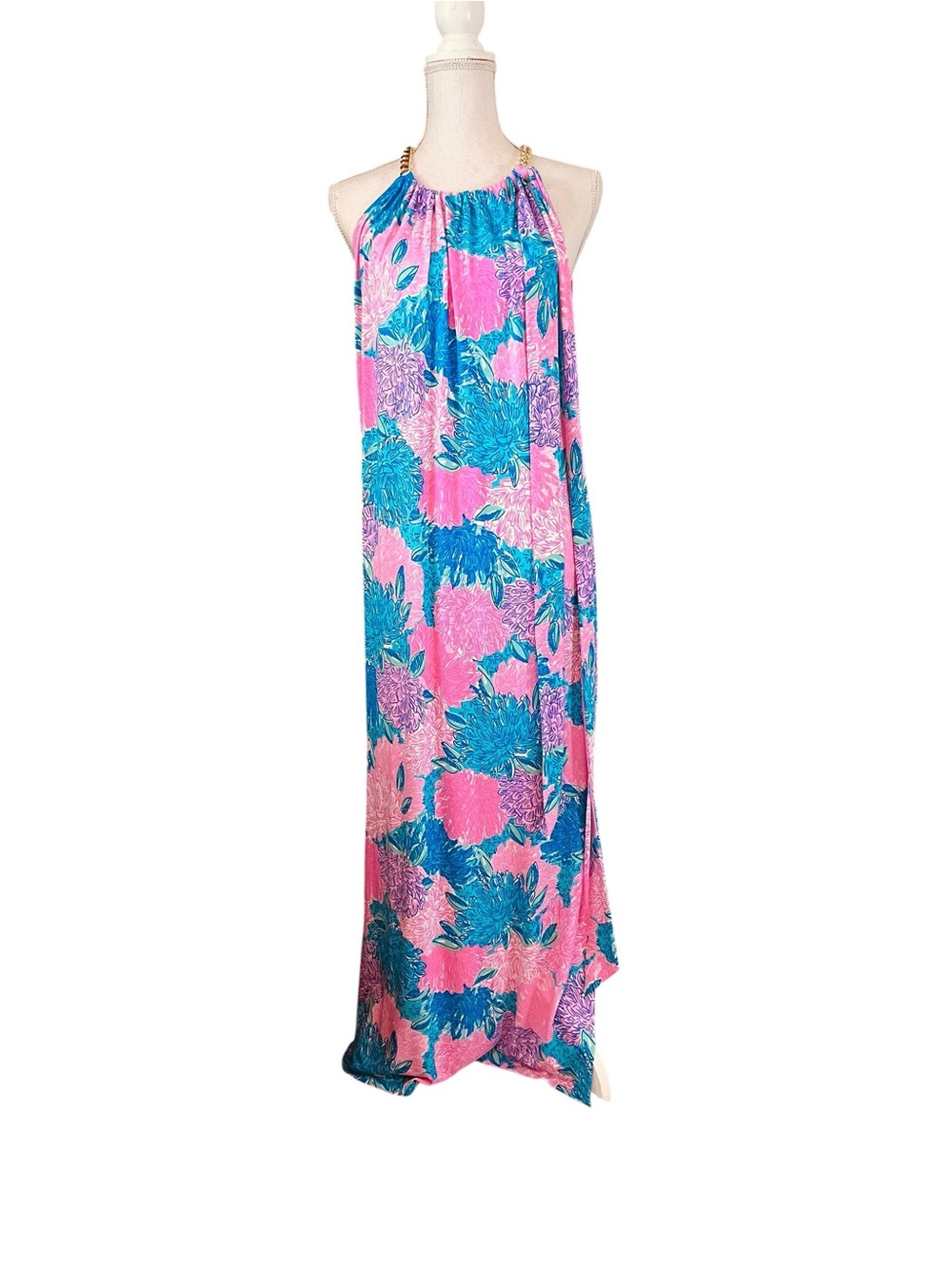 Lilly Pulitzer Pink and Blue Floral  Maxi With Gold chain Straps Size Large